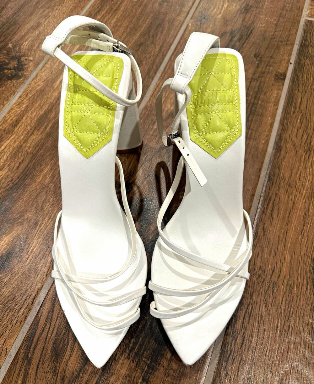SCHUTZ Womens White Leather Pointed Toe Strappy Ankle Strap Block Heel 9B